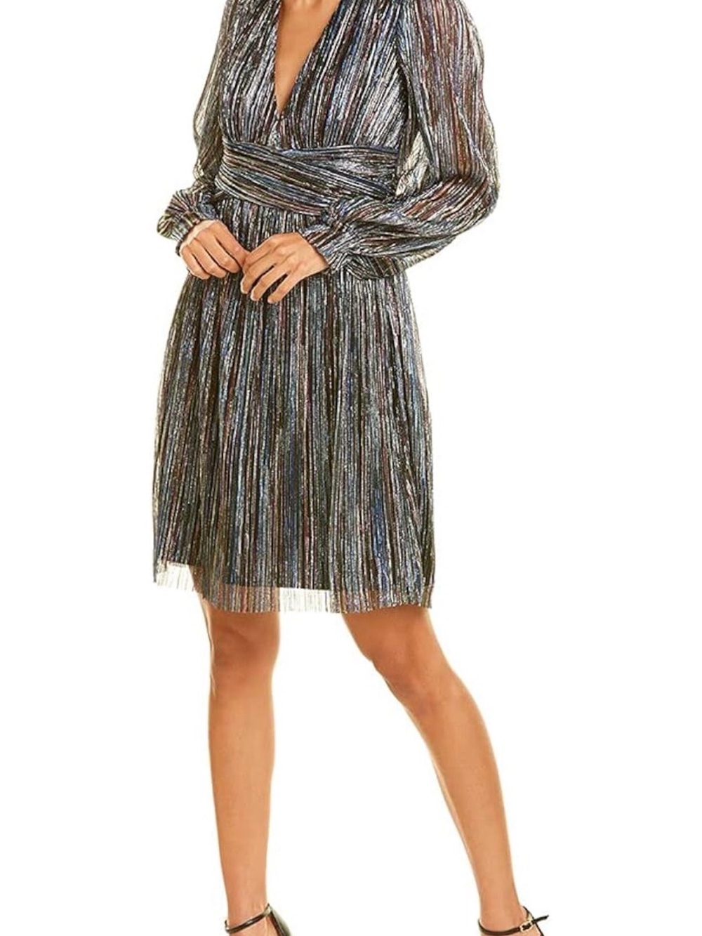 Trina Turk Metallic Cherry Blossom V-Neck Long Sleeve Dress 12 Large flutter